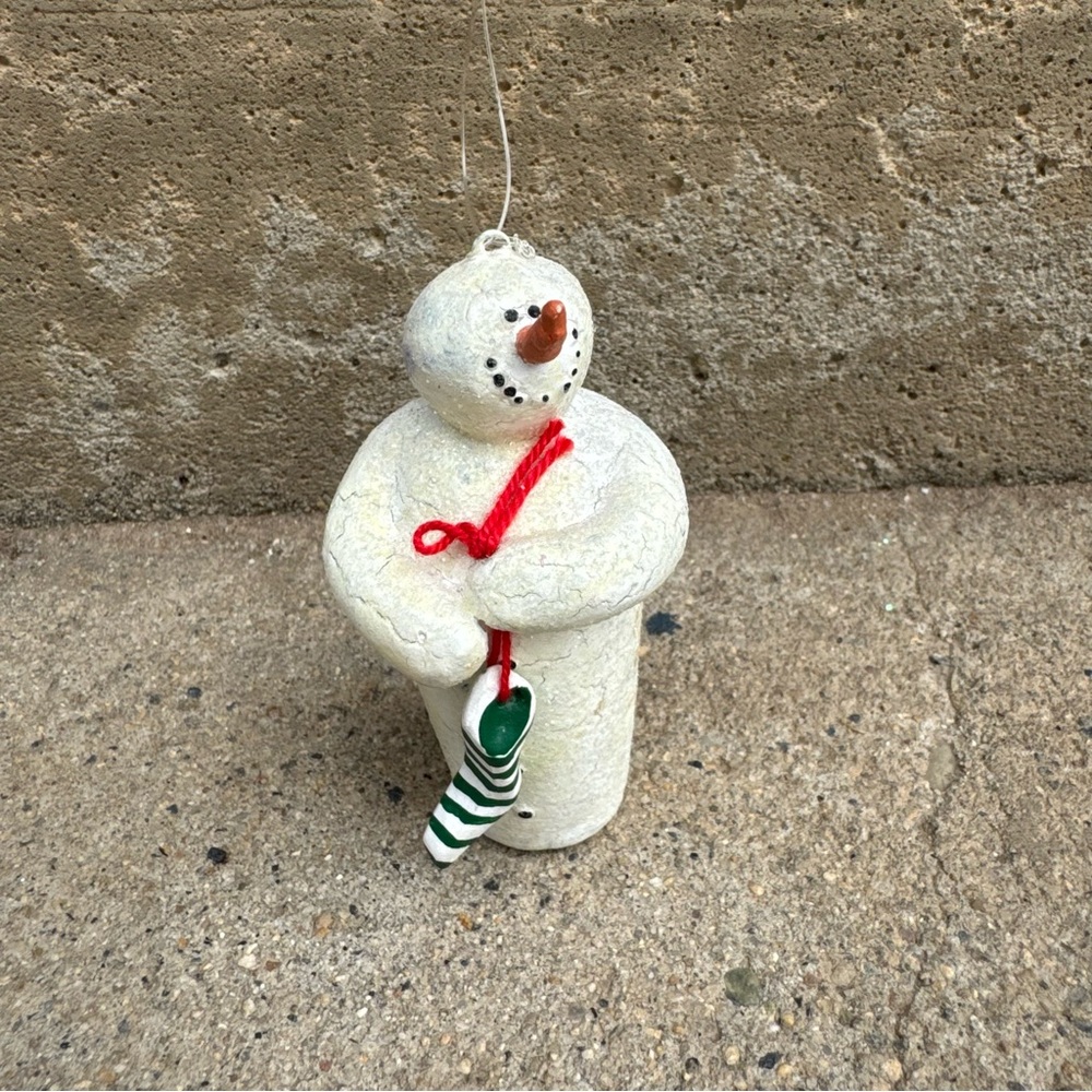 VTG Department 56 Crackled Snowman Ornament‎ with Red Scarf and Green Stocking